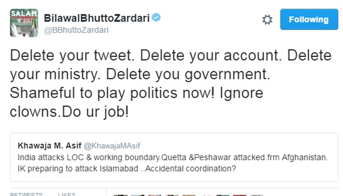 Bilawal tells Khawaja Asif to delete Twitter account