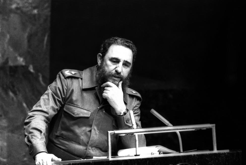 Fidel Castro addresses the audience as president of the Non-Aligned Movement at the United Nations in New York, October 12, 1979.