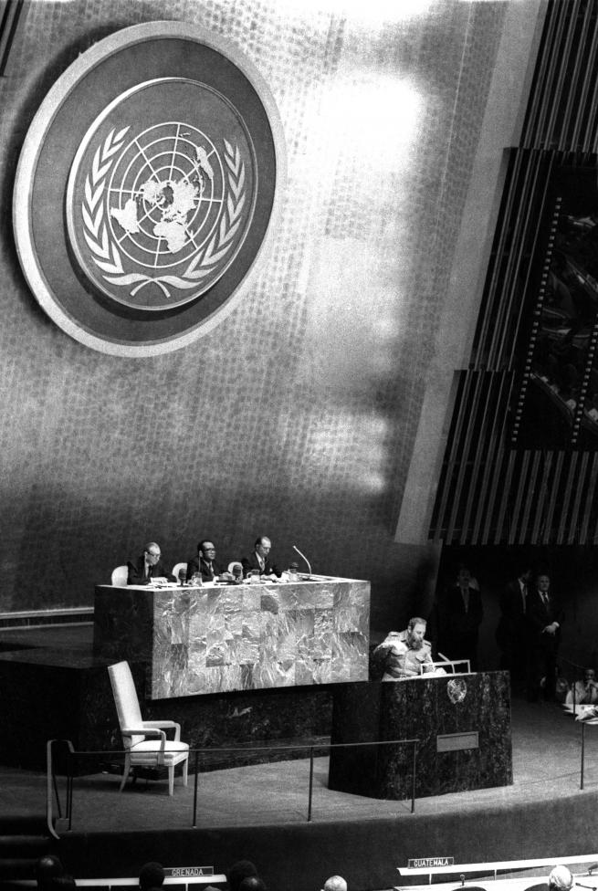 Fidel Castro addresses the audience as president of the Non-Aligned Movement at the United Nations in New York October 12, 1979.