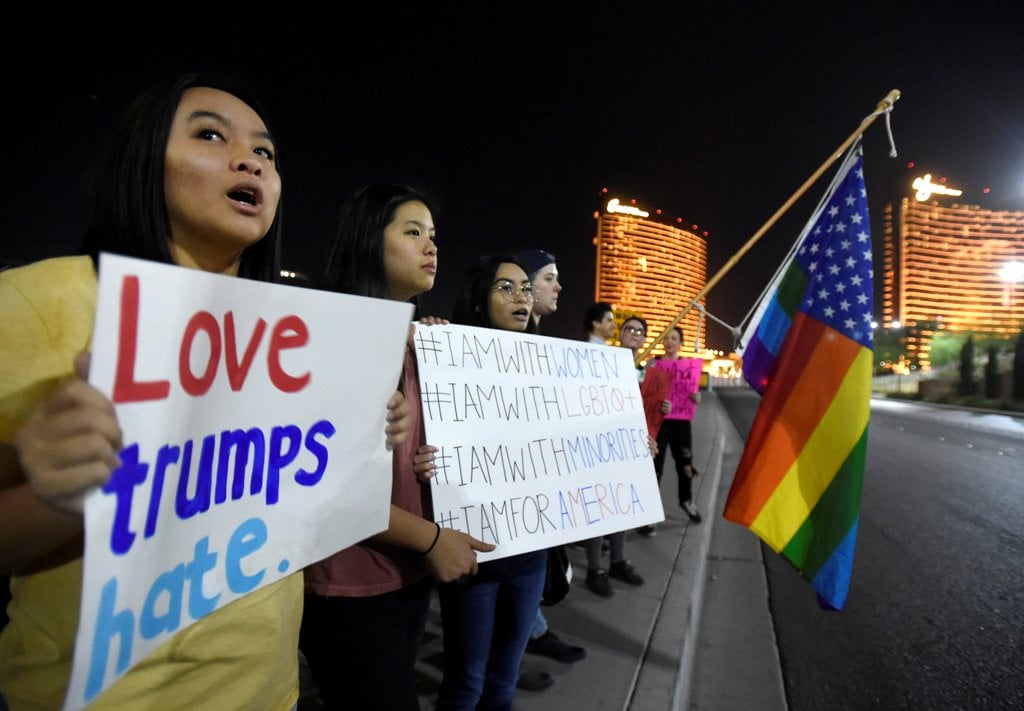 Demonstrators walk through Downtown San Diego in protest to the election of Republican Donald Trump as the president of the United States in San Diego, California