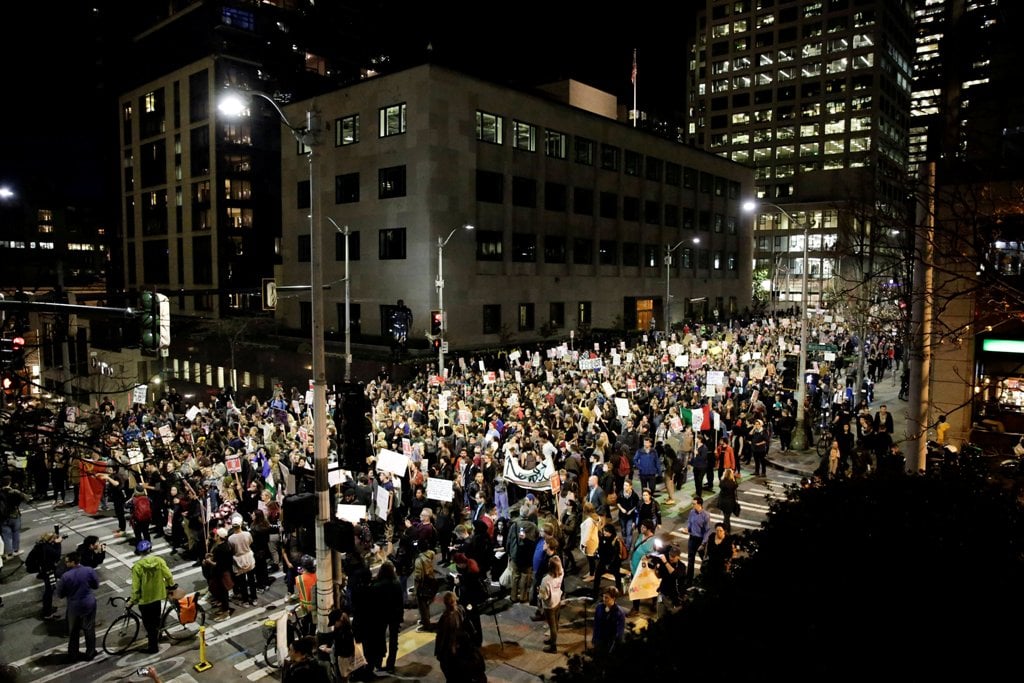 People march in protest to the election of Republican Donald Trump as the president of the United States in Seattle, Washington