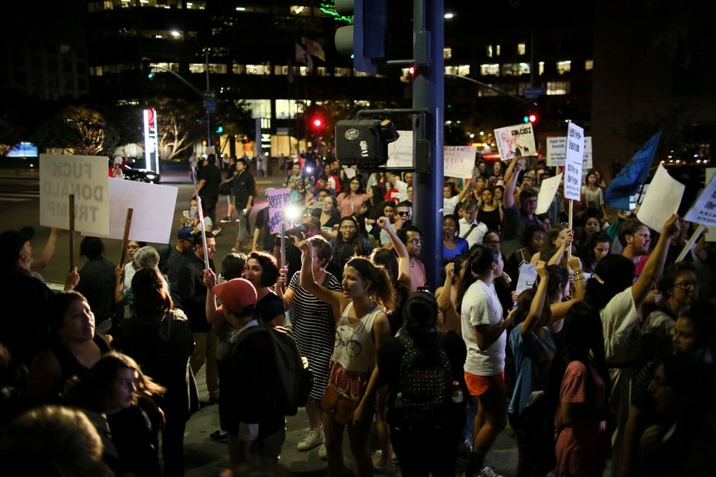 Demonstrators walk through Downtown San Diego in protest to the election of Republican Donald Trump as the president of the United States in San Diego, California