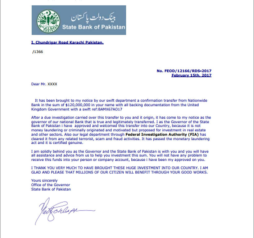 A copy of the scam email in circulation, provided by the SBP