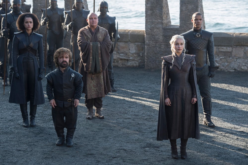 (Left to Right) Nathalie Emmanuel as Missandei, Peter Dinklage as Tyrion Lannister, Conleth Hill as Varys, Emilia Clarke as Daenerys Targaryen, and Jacob Anderson as Grey Worm - Photo: Macall B. Polay/HBO