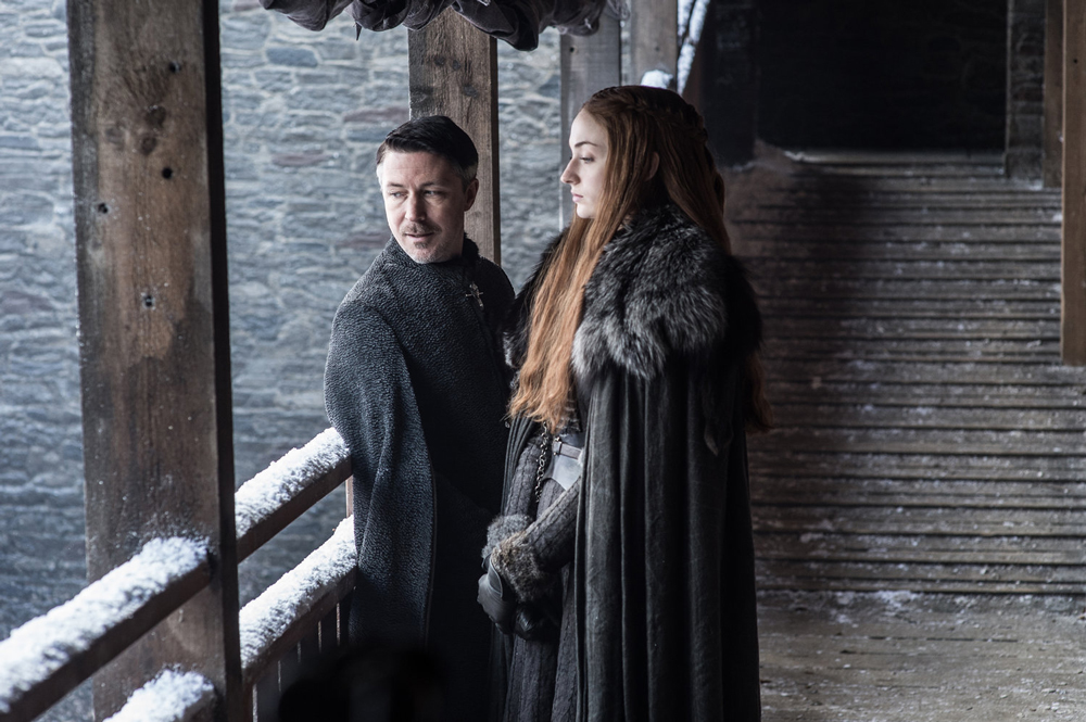 1.	Aidan Gillen as Petyr "Littlefinger" Baelish and Sophie Turner as Sansa Stark - Photo: Helen Sloan/HBO