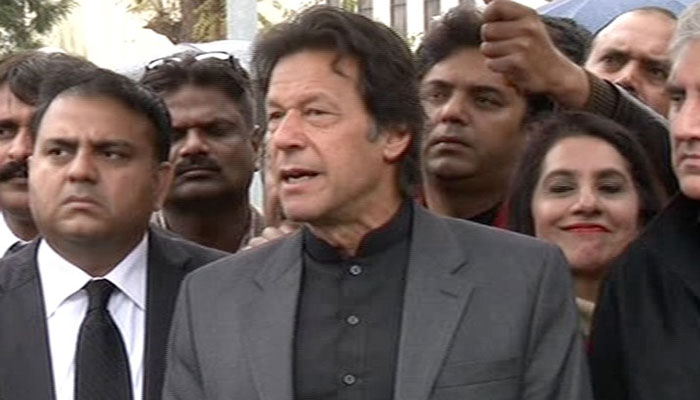 PTI chief Imran Khan speaks outside the Supreme Court