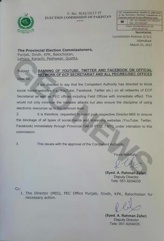 ECP bans social media, video streaming websites in its offices across Pakistan