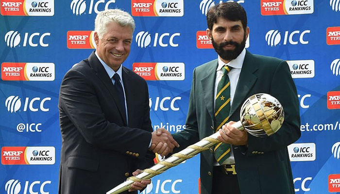 Misbah with the ICC Test Championship mace after Pakistan secured the No1 ranking in September 2016