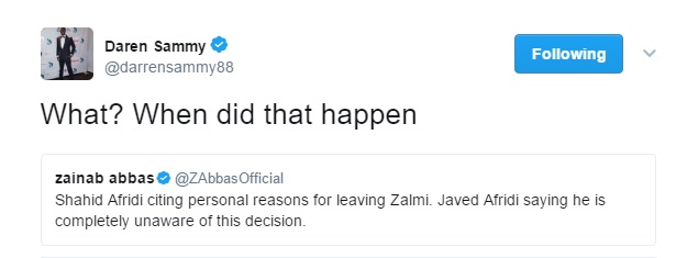 Sammy was unaware of Shahid Afridi’s decision to leave Zalmi