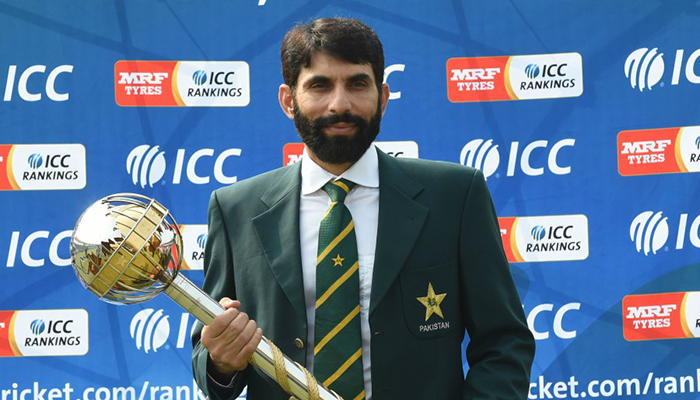 Misbah pictured with the ICC Champions Test mace in September 2016 - AFP