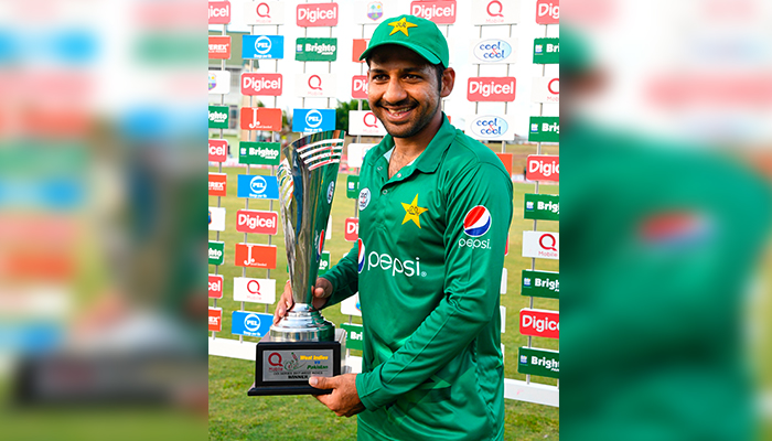 Sarfraz Ahmed of Pakistan with the series trophy at the end of the 3rd and final ODI match between West Indies and Pakistan at Guyana National Stadium - AFP