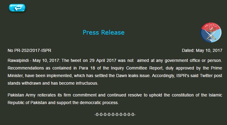 Dawn Leaks: Army withdraws tweet rejecting PM’s orders, says issues settled