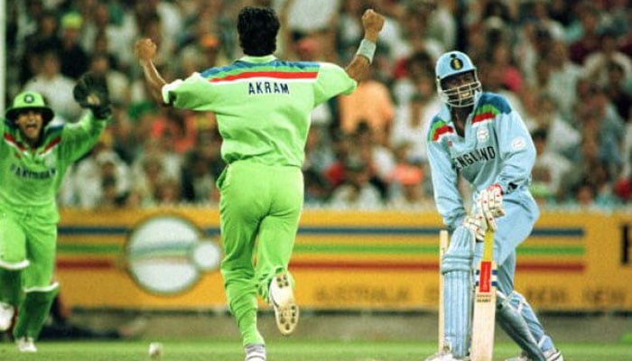 Wasim Akram celebrates after his stunning in-swinger to Chris Lewis/Getty Images