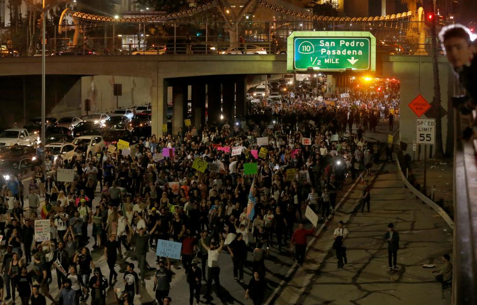 Demonstrators take over the Hollywood 101 Freeway in protest to the election of Donald Trump in Los Angeles. 