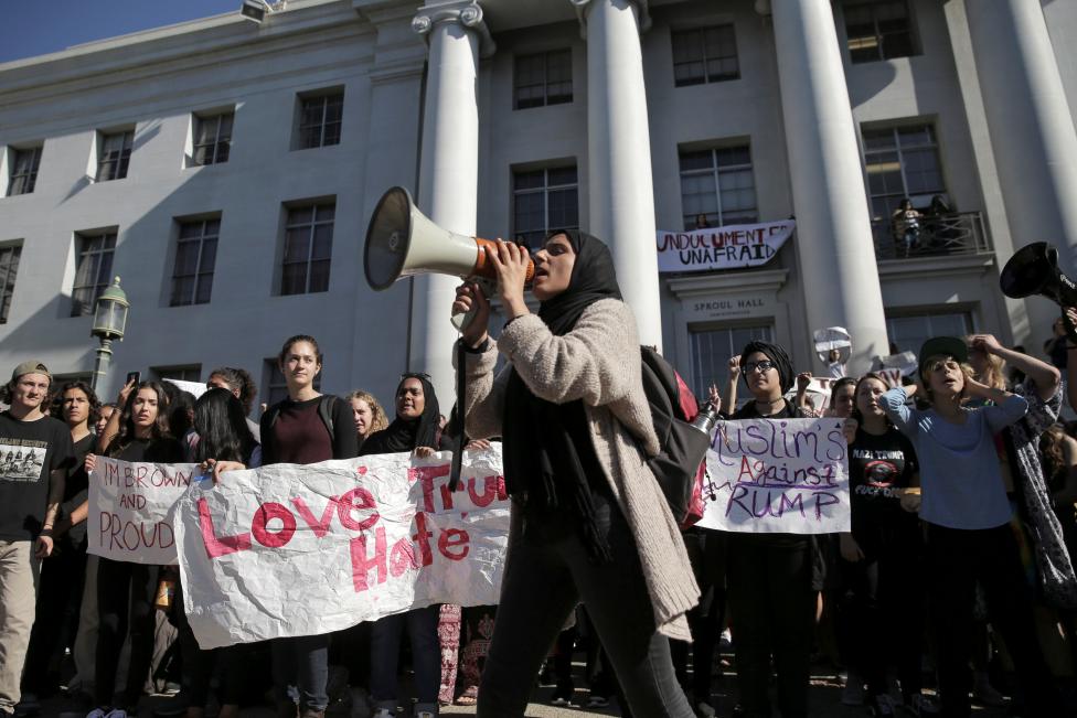 Berkeley High student Sabreen Imtair, 16, speaks to a crowd of more than a thousand people in Berkeley, California.
