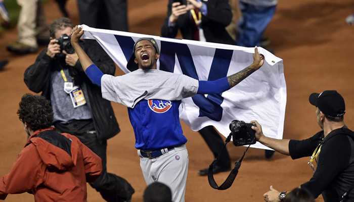 Chicago Cubs relief pitcher Carl Edwards celebrates after defeating the Cleveland Indians in game seven of the World Series.