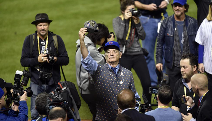 Movie actor Bill Murray celebrates after the Chicago Cubs defeated the Cleveland Indians.