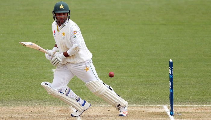 Sami Aslam plays a shot during day five of the second Test at Hamilton / AFP