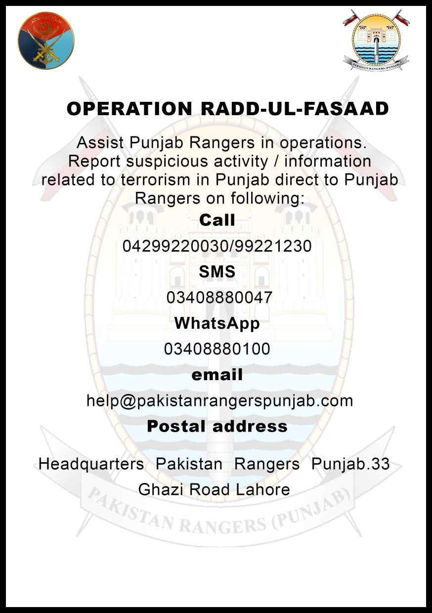 Op Radd-ul-Fasaad: Punjab Rangers establish helpline to report ‘suspicious activity’