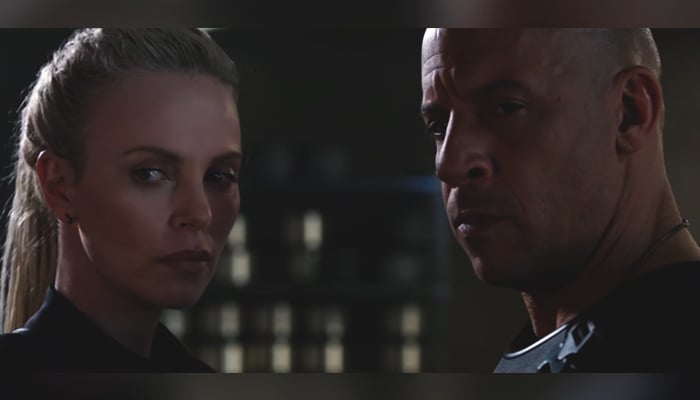 Screenshot from the official trailer showing Charlize Theron and Vin Diesel