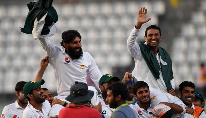 Pakistan team celebrates historic win against the West Indies/AFP