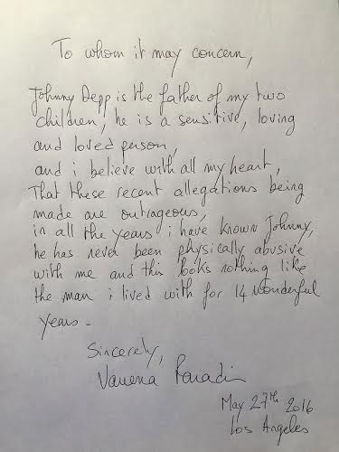 A letter written by Vanessa, Depp