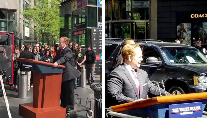 Melissa McCarthy stands on a mobile lectern as she is filmed portraying White House spokesman Sean Spicer for an upcoming episode of Saturday Night Live on the west side of midtown Manhattan, in New York City, New York, US, May 12, 2017. Courtesy of Josh Thorne/Handout via REUTERS