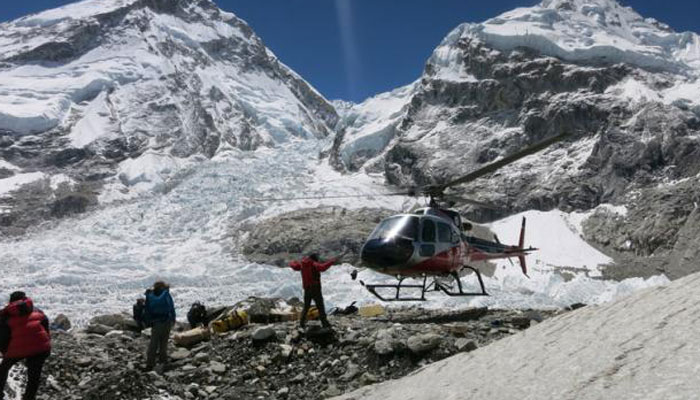 A rescue helicopter prepares to land at basecamp at Everest, in this picture taken on May 23, 2016- Reuters