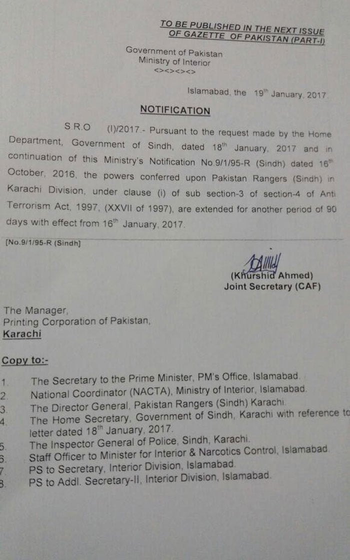Sindh govt extends Rangers' special powers in Karachi