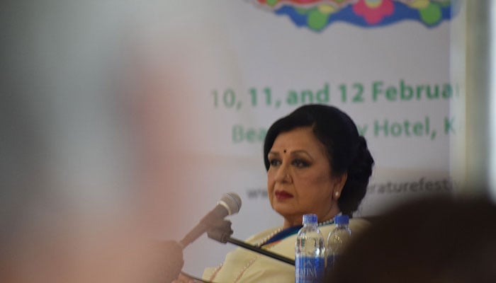 Shabnam listens to fellow speakers during a session at KLF 2017- Photo by Haseem uz Zaman