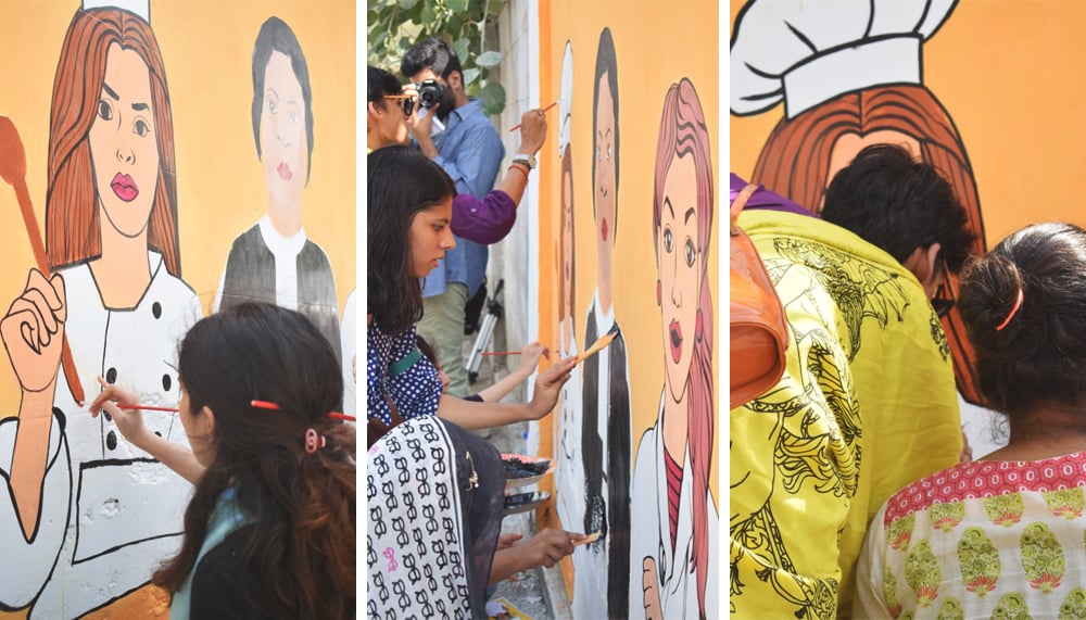 Rajaa paints Mohni (L); Students busy painting the mural (C); Mohni helps paint the wall – Karachi, Pakistan, May 16, 2017