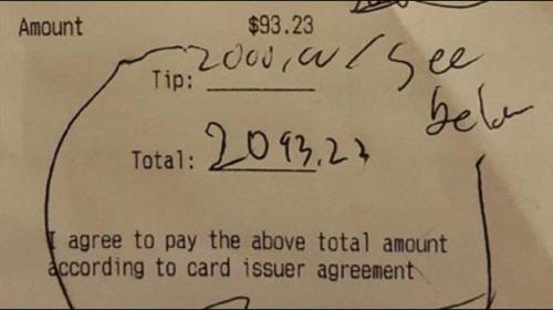 Customer leaves $2,000 tip on $93 restaurant bill