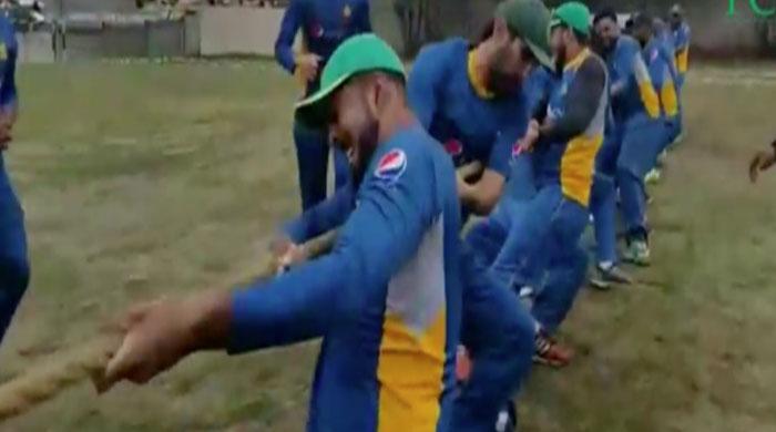 Pakistan cricketers beat army trainers at tug of war in Kakul