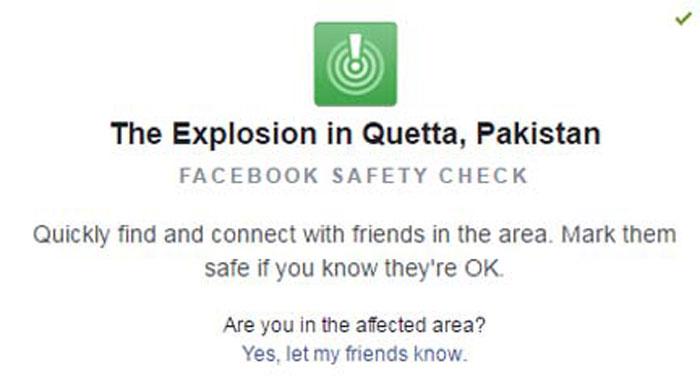Facebook's 'safety check' feature activated following Quetta blast