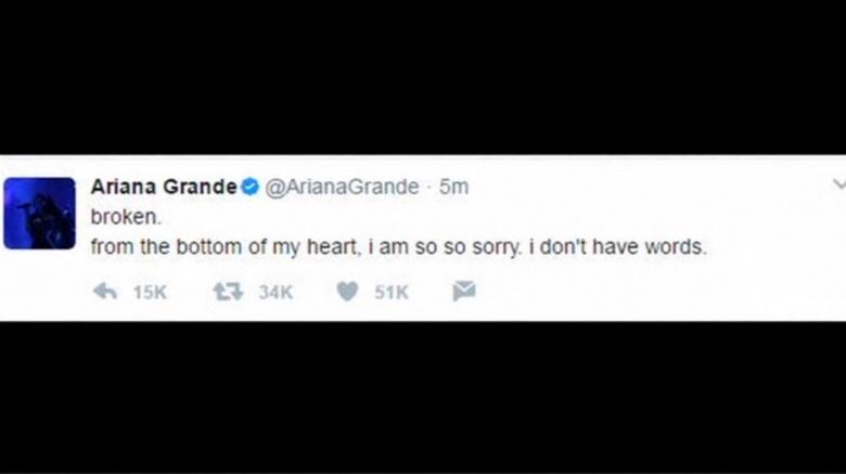 Ariana Grande says she is 'broken' in tweet after Manchester attack