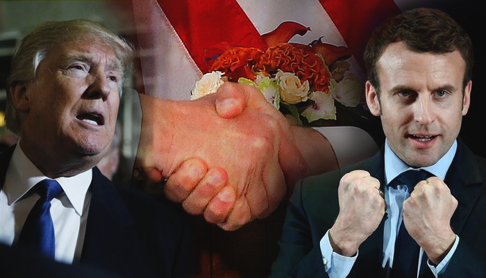 LEFT: Donald Trump speaks to reporters in Washington, March 21, 2016. REUTERS/Jim Bourg; CENTRE: A close-up of the Trump-Macron handshake before a working lunch ahead of NATO Summit in Brussels, Belgium, May 25, 2017. REUTERS/Jonathan Ernst; RIGHT:Emmanuel Macron delivers an address in London, Britain, February 21, 2017. REUTERS/Toby Melville.