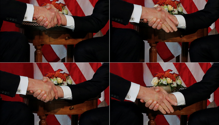 A combination photo shows US President Donald Trump (L) trying twice to let go of a handshake with Frances President Emmanuel Macron (R) as Macron holds tight, before a working lunch ahead of a NATO Summit in Brussels, Belgium, May 25, 2017. REUTERS/Jonathan Ernst