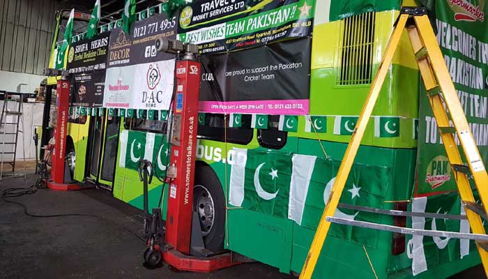 Fans in Birmingham decorate double-decker bus to support Team Pakistan