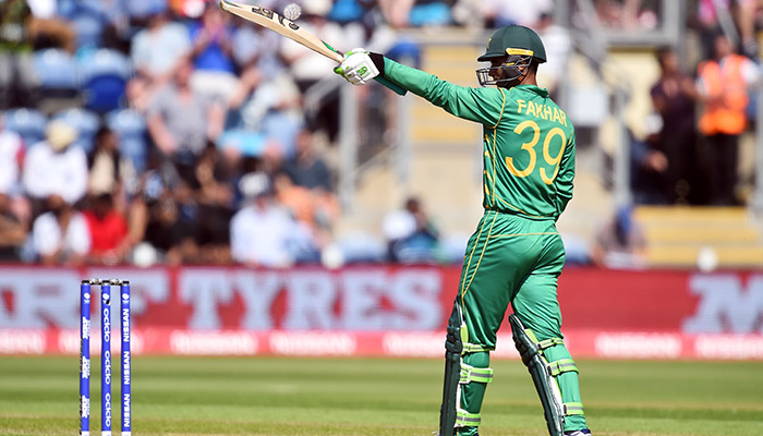  Fakhar Zaman celebrates his half-century during the ICC Champions Trophy semi-final cricket match between England and Pakistan - AFP