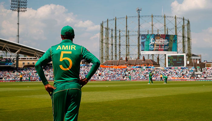 Amir fields during the ICC Champions Trophy final cricket match between India and Pakistan at The Oval in London on June 18, 2017.—AFP photo