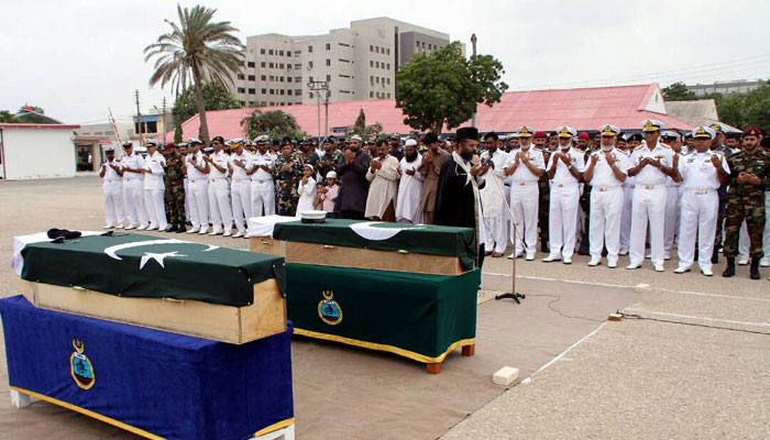 Funeral prayers offered for navy personnel martyred in Jiwani attack 