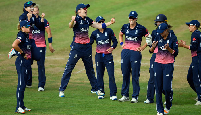 Heather Knight leads England celebration during match against Australia