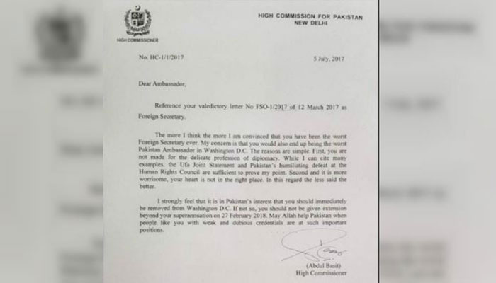 Basit calls Aizaz Chaudhry 'worst foreign secretary ever' in letter