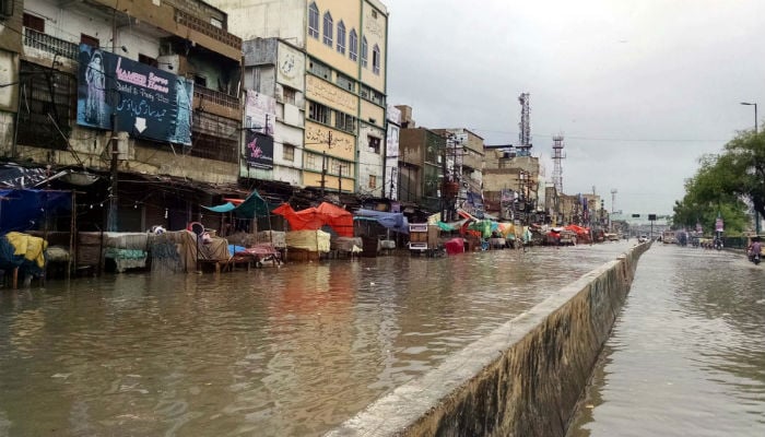 View of stagnant water accumulated in the city after heavy downpour in Karachi on Thursday. Photo: PPI