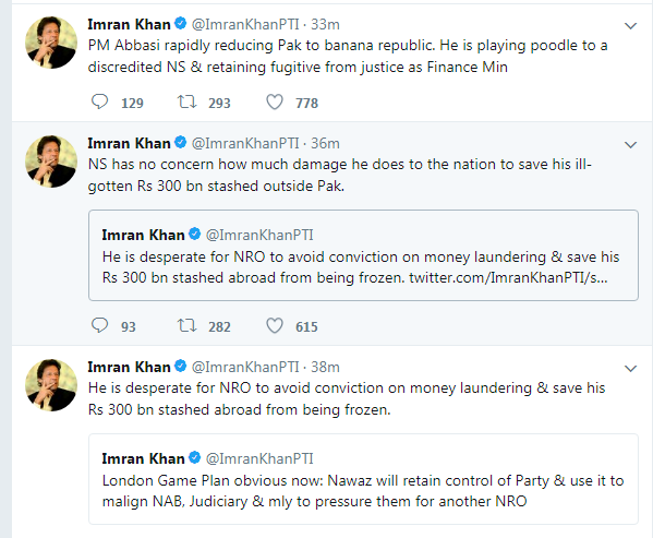 London game plan obvious, Nawaz desperate for NRO: Imran
