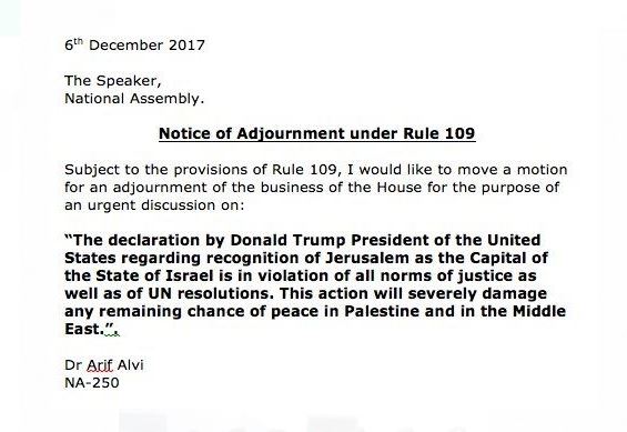 PTI seeks discussion on Trump's Jerusalem move in today's NA session 