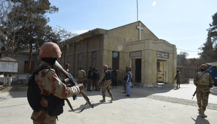 Pakistani security personnel take position after suicide bombers attacked a Methodist church during a Sunday service in Quetta on December 17, 2017. Photo: REUTERS