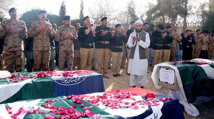 Funeral prayers offered for martyred Balochistan Constabulary personnel 