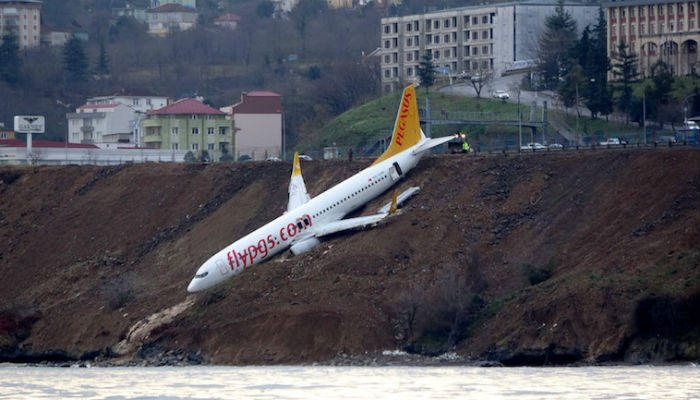 Plane skids off Turkish runway metres from the sea