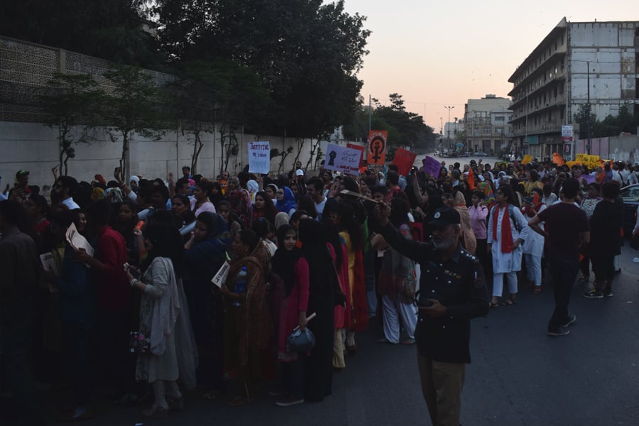Ladies participating in the Aurat March 2018 held at Frere Hall, Karachi, Pakistan, March 8, 2018. Geo.tv/Author